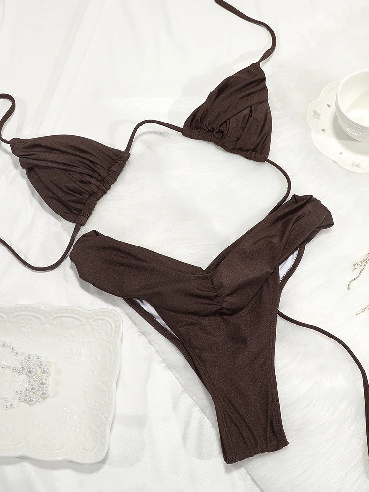 Sexy Folds Bikini Set Solid Micro Bikinis Women