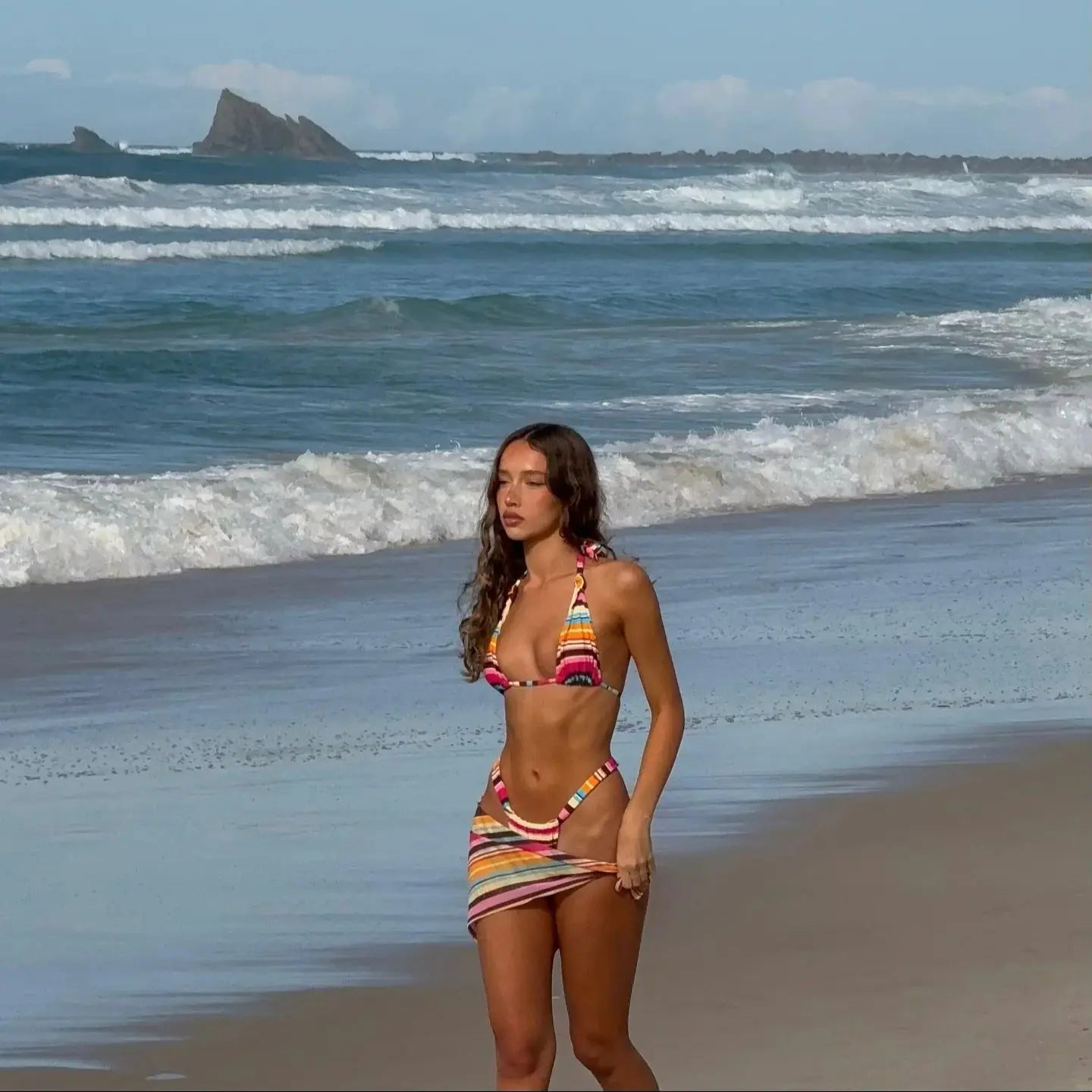 Sexy Stripe Bikini with Scarf Swimsuit Women Shirring Swimwear