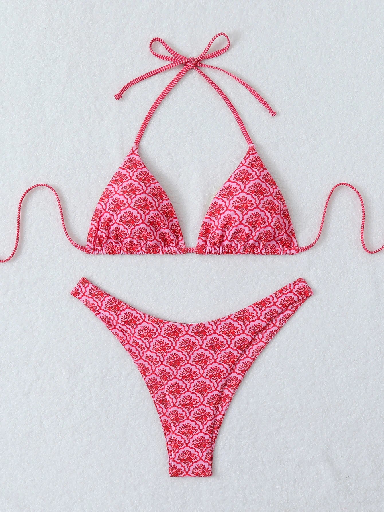 Summer retro floral print 2-piece bikini lace up swimsuit sexy