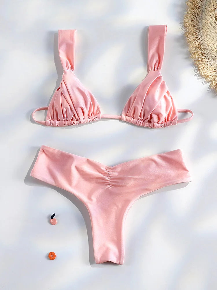 Sexy Folds Bikini Set Solid Micro Bikinis Women