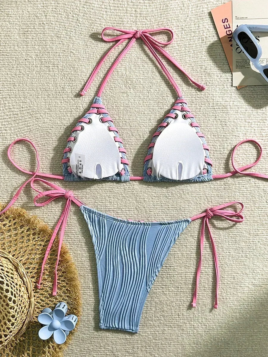 Halter Wrinkled Weave Bikini Women