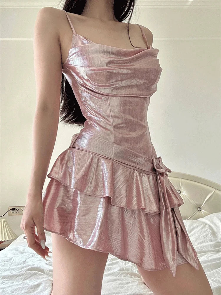 Sexy Ruffle Mini Dress Pink Asymmetrical Body