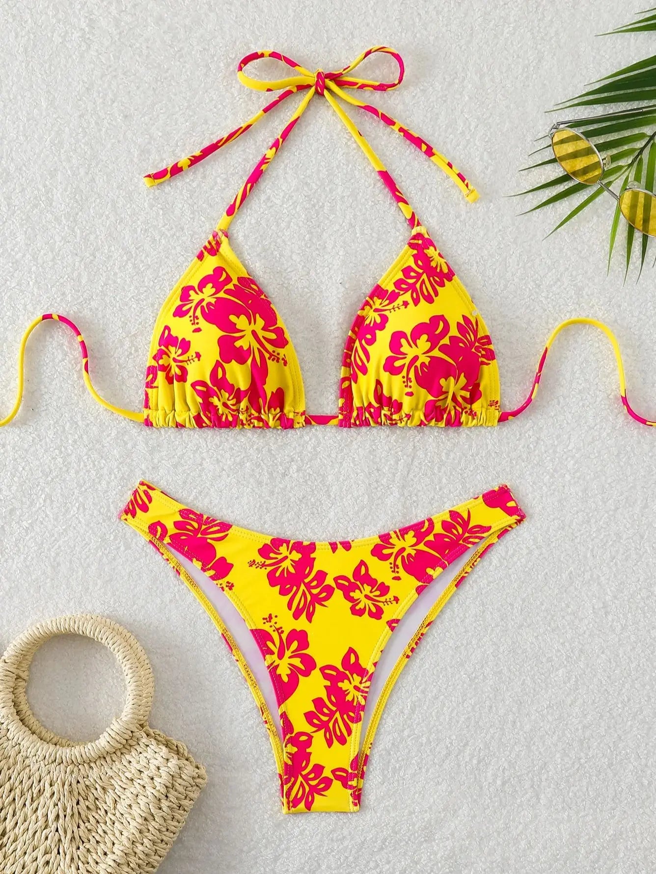 Summer retro floral print 2-piece bikini lace up swimsuit sexy