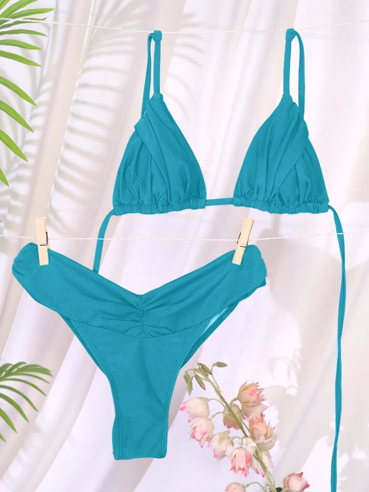 Sexy Folds Bikini Set Solid Micro Bikinis Women