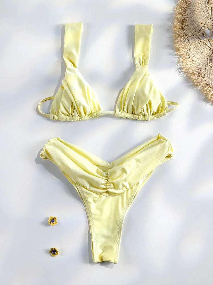 Sexy Folds Bikini Set Solid Micro Bikinis Women