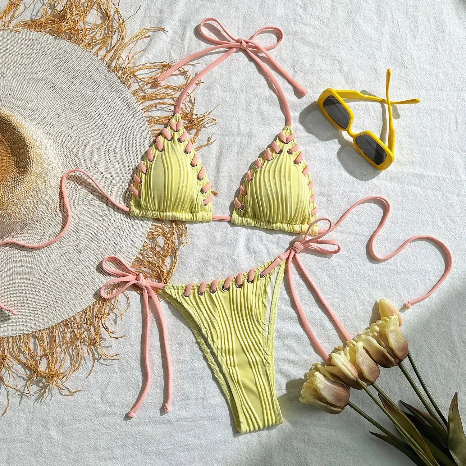 Halter Wrinkled Weave Bikini Women