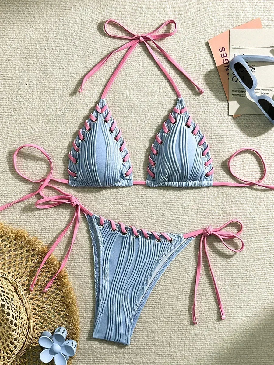 Halter Wrinkled Weave Bikini Women