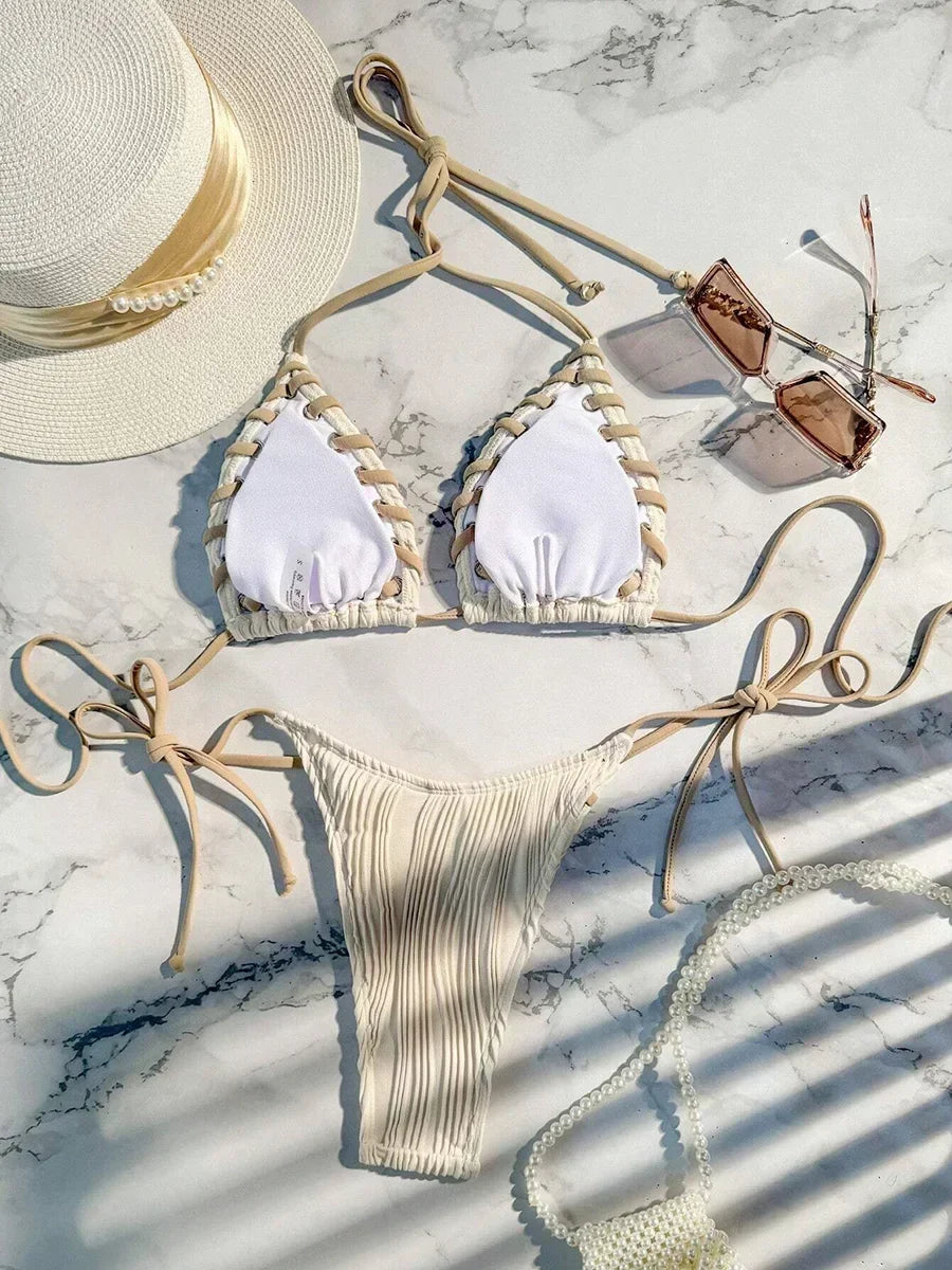 Halter Wrinkled Weave Bikini Women