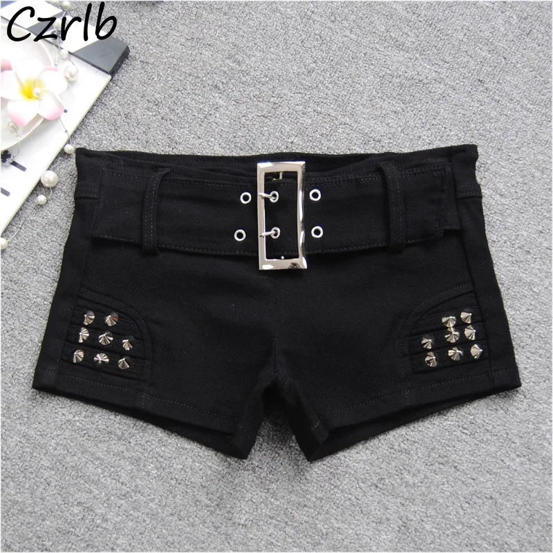 Denim Shorts Women Low-waisted Black Slim Fit Sexy Hot Girls Rivet Belt Design Unique All-match Nightclub Bodycon Summer Y2k